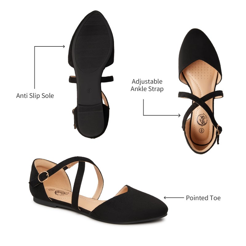 Trary Black Mary Jane Flats for Women, Pointed Toe Suede Ballet Flats with Double Cross Ankle Straps, Comfortable Casual Dress Shoes Size 8 - Image 2